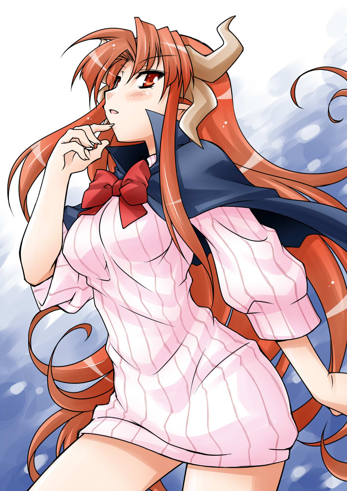 akou_roushi blush bottomless cape horns long_hair looking_at_viewer naked_sweater no_pants red_eyes red_hair ribbed_sweater shingyoku solo sweater touhou touhou_(pc-98) very_long_hair
