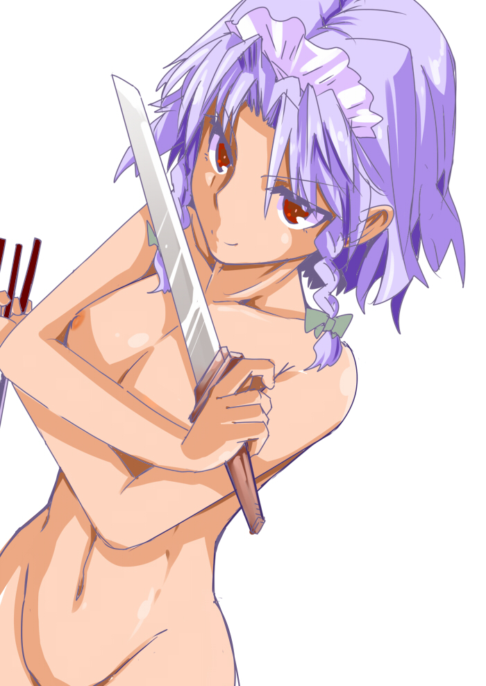 braid breasts cleavage crossed_arms eruichi_(redphantom) groin izayoi_sakuya knife maid_headdress medium_breasts navel nipples nude out-of-frame_censoring short_hair silver_hair simple_background solo sword touhou twin_braids upper_body weapon white_background