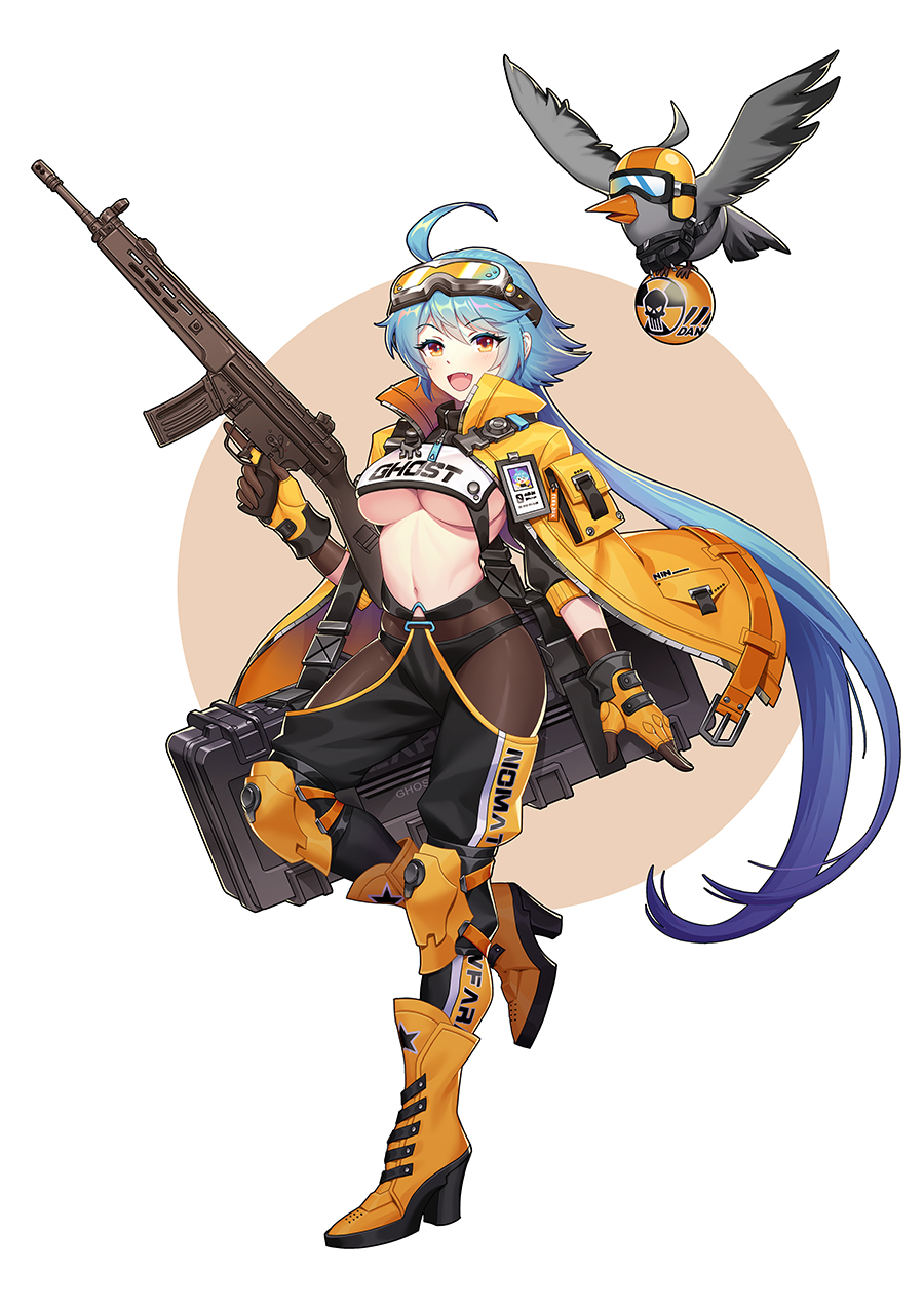 1girl :d ahoge ankle_boots bird black_panties blue_hair blush boots breasts brown_gloves brown_legwear case eyebrows_visible_through_hair fang fingerless_gloves full_body gloves goggles gun high_heel_boots high_heels highres holding holding_gun holding_weapon knee_pads large_breasts leaf98k long_hair looking_at_viewer navel open_mouth open_pants orange_eyes orange_footwear original panties panties_over_pantyhose pantyhose ponytail rifle skindentation smile solo standing standing_on_one_leg trigger_discipline underboob underwear very_long_hair weapon