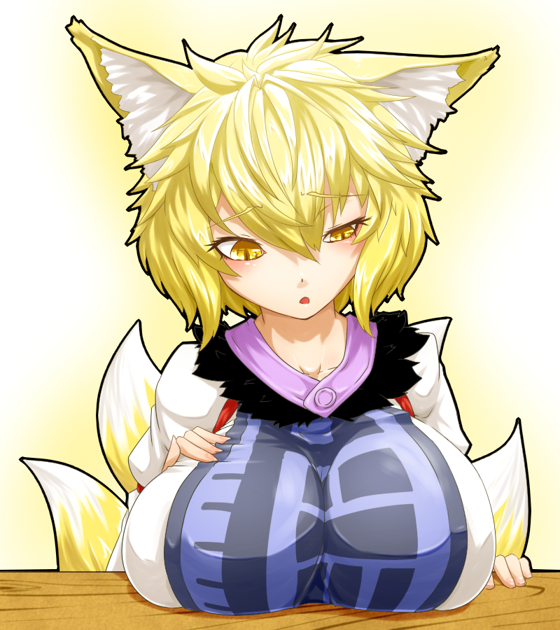 animal_ears blonde_hair breast_rest breasts collarbone dress fox_ears fox_tail huge_breasts multiple_tails no_hat no_headwear open_mouth short_hair slit_pupils solo tabard tail touhou uneven_eyes upper_body white_dress yakumo_ran yellow_eyes yuuki_(yukigeshou_hyouka)