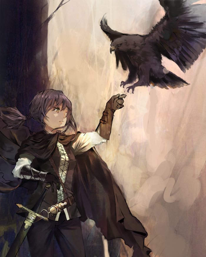 bad_id bad_pixiv_id banned_artist bird cape copyright_request gloves hawk leather leather_gloves long_hair looking_away pants parted_lips ponytail purple_hair seafh sheath sheathed solo sword weapon yellow_eyes