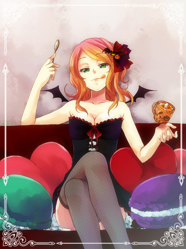 :p bare_shoulders blush breasts bustier cleavage crossed_legs cup fishnet_legwear fishnets food green_eyes hair_ornament halloween large_breasts looking_at_viewer macaron mochizuki_mina multicolored_hair orange_hair original pillow pink_hair short_hair sitting smile solo spoon thighhighs tongue tongue_out wings