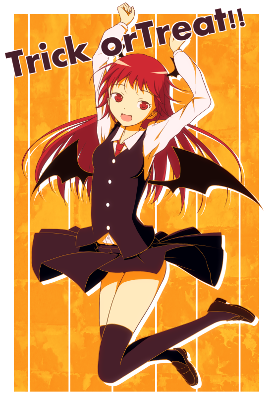 :d arms_up bat_wings black_legwear dress_shirt full_body head_wings irigoma_(jikabi_baisen) jumping koakuma loafers long_hair long_sleeves low_wings md5_mismatch necktie open_mouth orange_background outside_border red_eyes red_hair red_neckwear shirt shoes simple_background skirt skirt_lift skirt_set smile solo striped striped_background thighhighs touhou trick_or_treat vertical-striped_background vertical_stripes vest white_shirt wings zettai_ryouiki