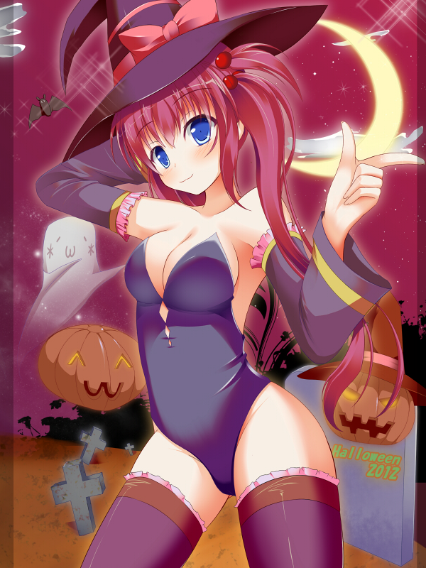 blue_eyes bow detached_sleeves ghost graveyard halloween hat jack-o'-lantern leotard little_busters! long_hair moon pink_bow playboy_bunny_leotard pumpkin saigusa_haruka side_ponytail takataka thighhighs witch_hat