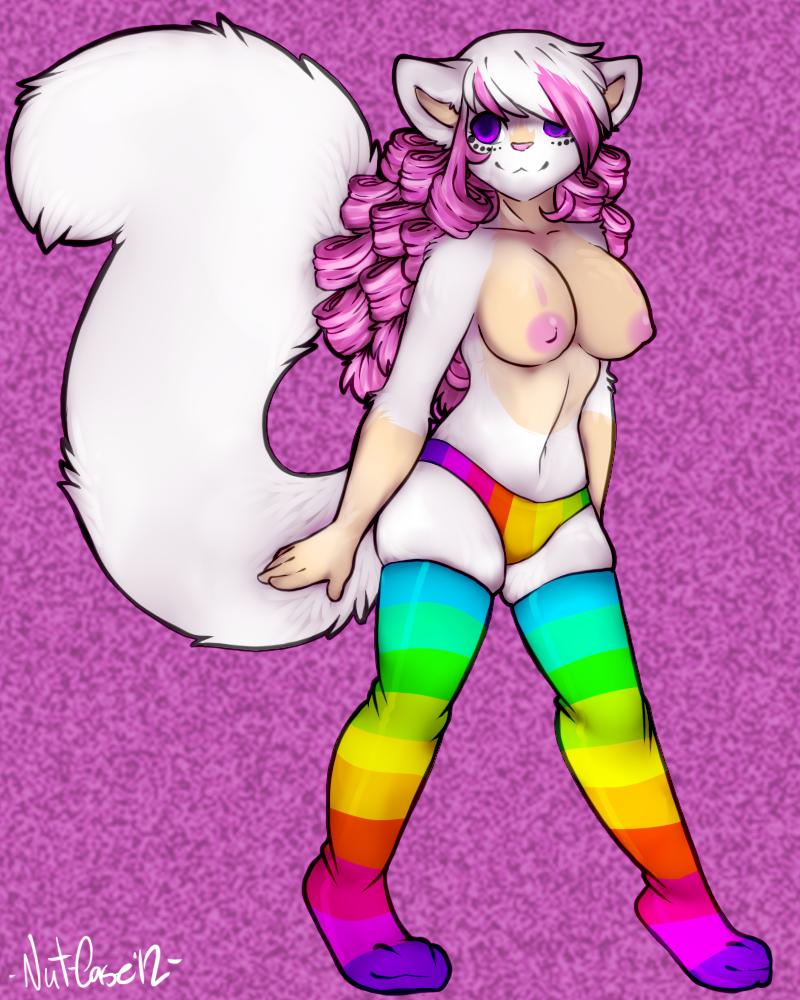 breasts cat clothed clothing curly_hair feline female fluffy_tail fur hair half-dressed legwear looking_at_viewer mammal nipples panties pink_background pink_hair plain_background purple_eyes rainbow rainbow_bottomwear rainbow_legwear redpandacase ringlets skimpy solo standing striped_bottomwear striped_legwear texture_background thigh_highs topless underwear white_fur