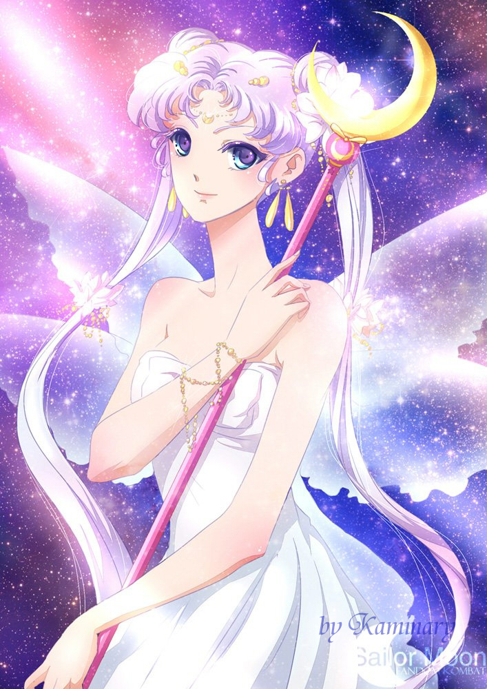 bad_id bad_pixiv_id bare_shoulders bishoujo_senshi_sailor_moon blue_eyes bracelet crescent double_bun dress facial_mark forehead_mark hair_ornament hairpin jewelry kaminary long_hair queen_serenity sky smile solo staff star_(sky) starry_sky strapless strapless_dress twintails white_dress white_hair