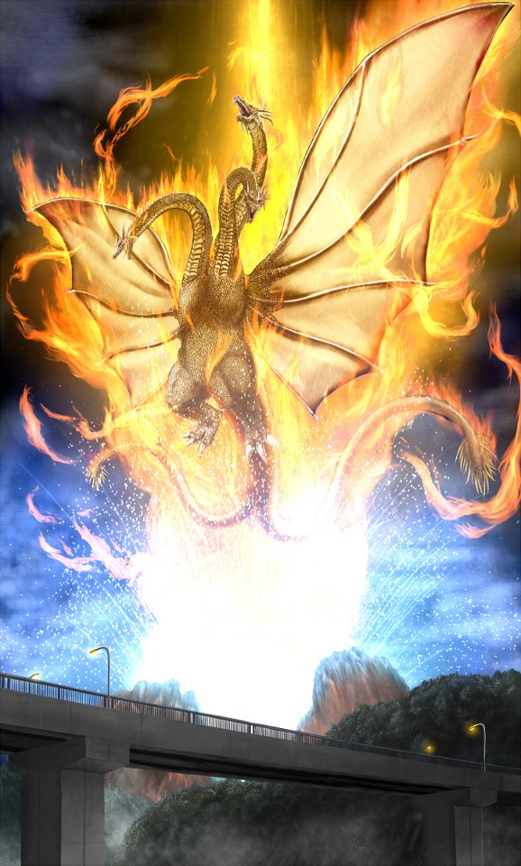 ambiguous_gender bridge claws cloud clouds dragon fire flying fog godzilla_(series) golden_skin kaiju king_ghidorah multi_head multiple_tails not_furry scales scalie shiny sky solo toe_claws unknown_artist wings