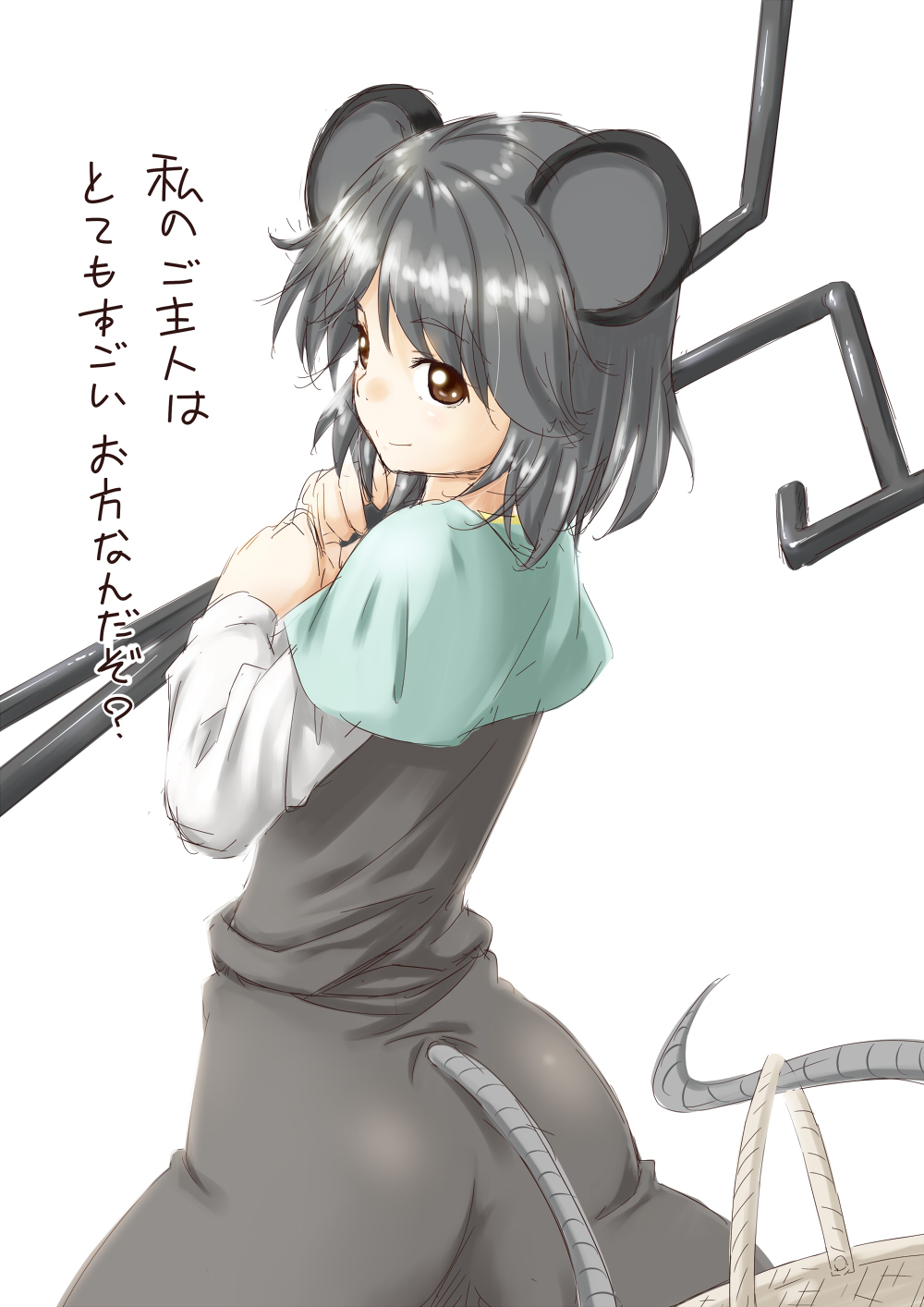 animal_ears basket black_hair brown_eyes capelet dowsing_rod from_behind highres looking_at_viewer looking_back mouse_ears mouse_tail nazrin niwatazumi solo tail touhou translation_request