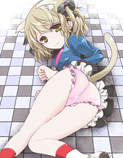 animal_ears bare_legs blazer bow brown_hair cat_ears cat_tail checkered checkered_floor elize_lutus green_eyes hair_bow jacket kemonomimi_mode looking_back necktie panties pink_panties shoes short_hair shy skirt socks solo tail tales_of_(series) tales_of_xillia tales_of_xillia_2 toraneko underwear