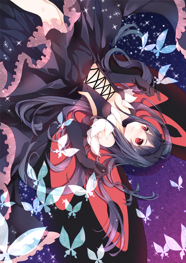 accel_world antenna_hair bad_id bad_pixiv_id bare_shoulders black_hair bug butterfly dress elbow_gloves frills gloves headband insect kuroyukihime long_hair mia0309 navel red_eyes solo