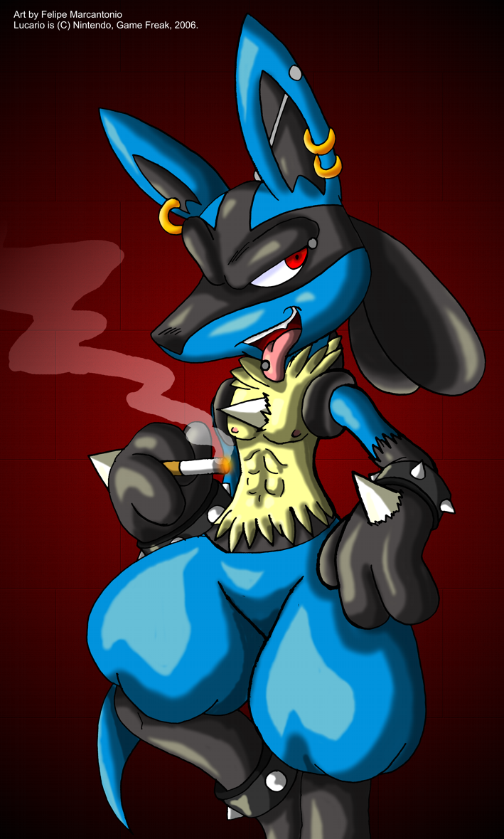 amazing anthro canine cigarette ear_piercing fangs grin half-closed_eyes jackal looking_at_viewer lucario male mammal nintendo nipples piercing pok&#233;mon pok&eacute;mon red_eyes side_ear_rings smile smoking solo spiked_anklet spikes teeth tongue tongue_out video_games yuski
