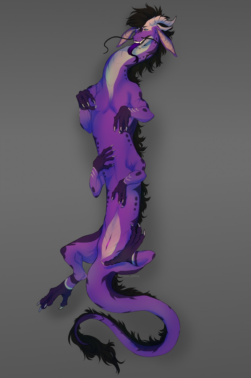 4_legs ambiguous_gender animal_genitalia cloaca dragon eastern_dragon feral forked_tongue fur krugell long_body long_tongue mane multi_leg multi_limb multifur purple_fur purple_scales scales scalie solo tongue