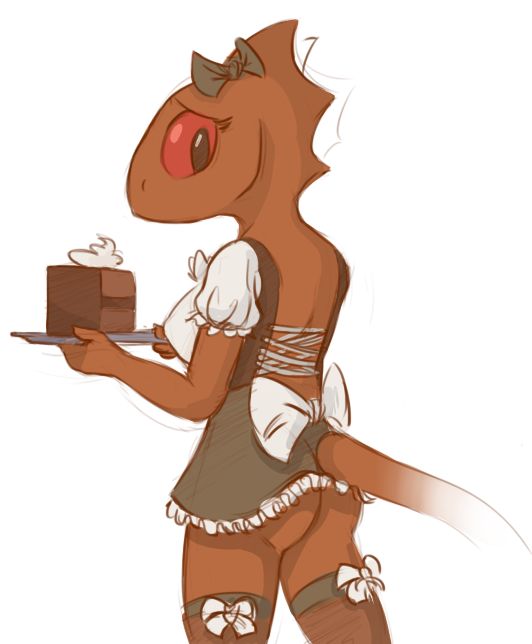 bottomless breasts butt cake clothed clothing female food lusty_argonian_maid prequel quill-weave scalie skimpy solo the_elder_scrolls the_elder_scrolls_iv:_oblivion unknown_artist video_games