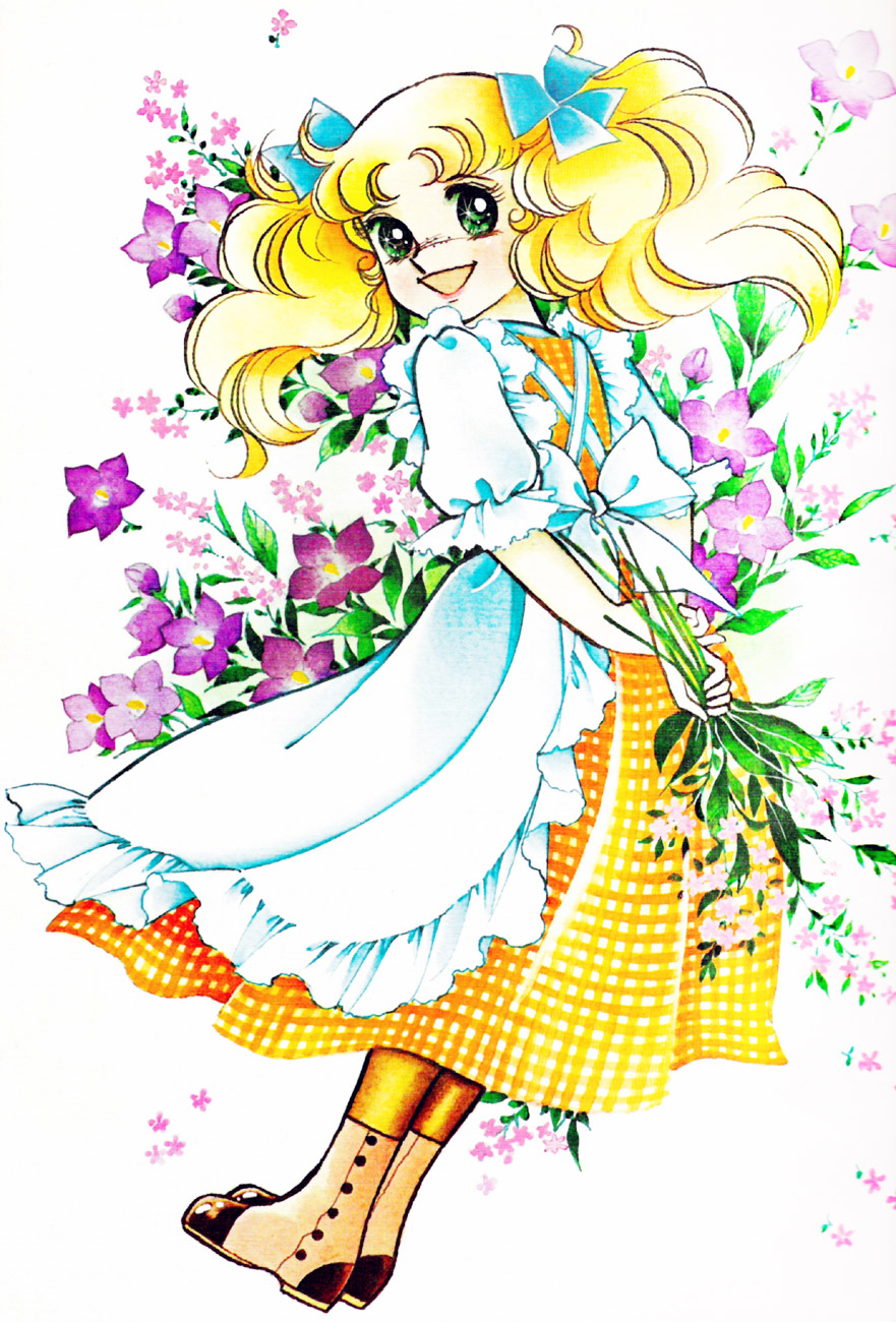 70s :d apron arms_behind_back bangs blonde_hair blue_bow boots bow candice_white_ardlay candy_candy curly_hair dress floral_background flower freckles frilled_apron frilled_sleeves frills from_behind full_body green_eyes hair_bow highres holding holding_flower igarashi_yumiko legs_together long_hair looking_at_viewer looking_back official_art oldschool open_mouth orange_dress pantyhose parted_bangs plaid plaid_dress short_sleeves smile solo sparkling_eyes traditional_media twintails