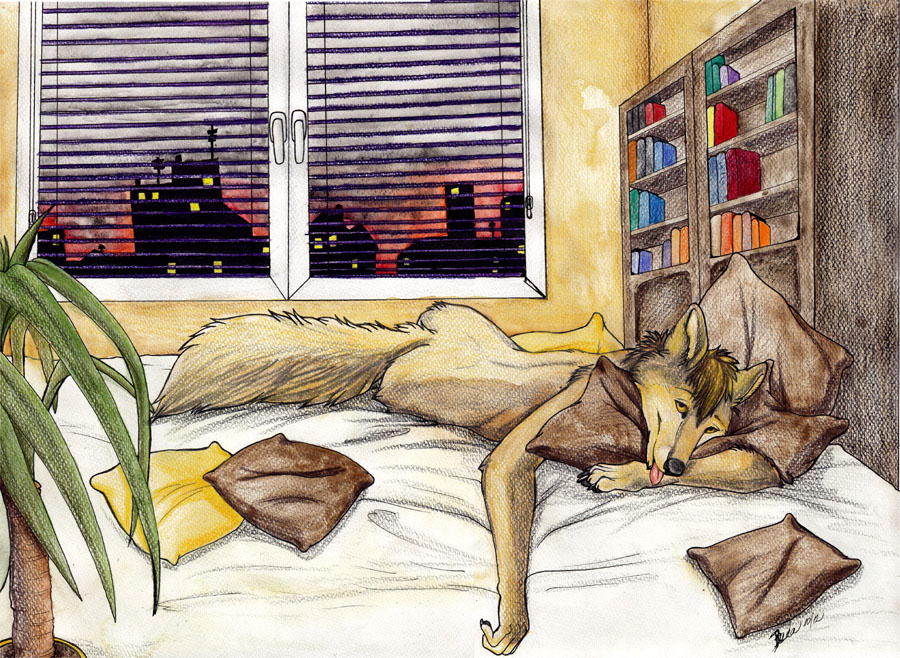 anthro bed blackdiaraikia canine city lying male mammal nude on_front solo tongue tongue_out
