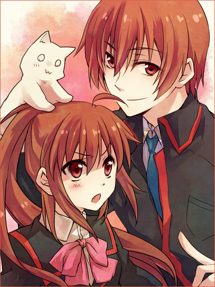 1girl animal animal_on_head bad_id bad_pixiv_id bow brother_and_sister brown_hair cat cat_on_head lennon little_busters! long_hair naho_(pi988y) natsume_kyousuke natsume_rin on_head pink_bow red_eyes school_uniform short_hair siblings