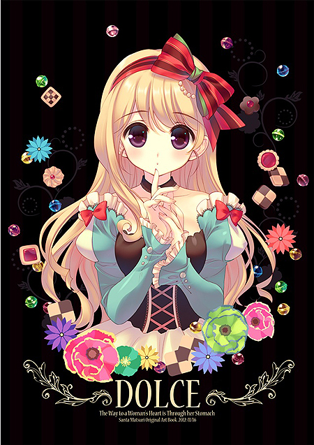 artist_name bad_id bad_pixiv_id black_background blonde_hair bow candy choker dated dress english eyebrows_visible_through_hair flower food hair_bow hairband italian long_hair looking_at_viewer original purple_eyes red_bow santa_matsuri simple_background solo