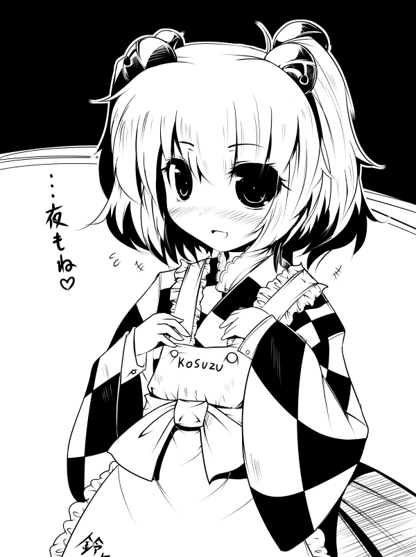 ai_takurou apron bell blush checkered checkered_shirt clothes_writing greyscale hair_bell hair_ornament jingle_bell looking_at_viewer monochrome motoori_kosuzu shirt short_hair smile solo touhou translation_request two_side_up