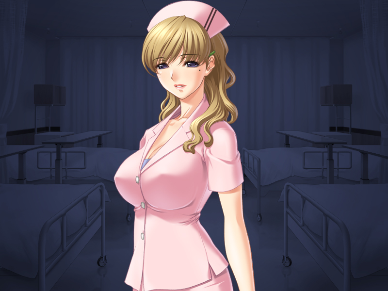 1girl bed blonde_hair breasts cleavage hair_ornament hairclip hat hospital hospital_bed long_hair looking_at_viewer medical mole nurse nurse_cap nurse_hat sano_toshihide smile solo standing uniform