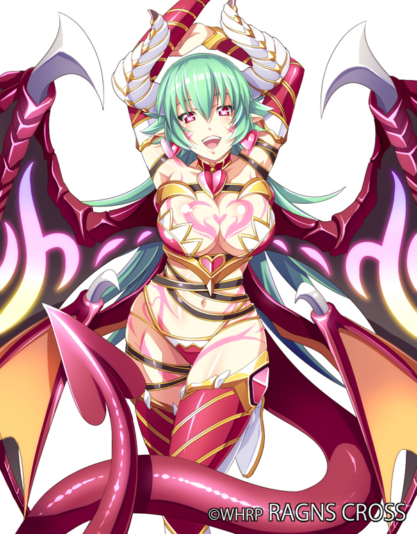armpits arms_behind_head arms_up breasts character_request choker cleavage collarbone demon_girl demon_tail demon_wings detached_sleeves earrings heart heart_earrings horns jewelry keible large_breasts long_hair midriff navel official_art open_mouth ragna_cross simple_background solo tail tattoo thighhighs white_background wings