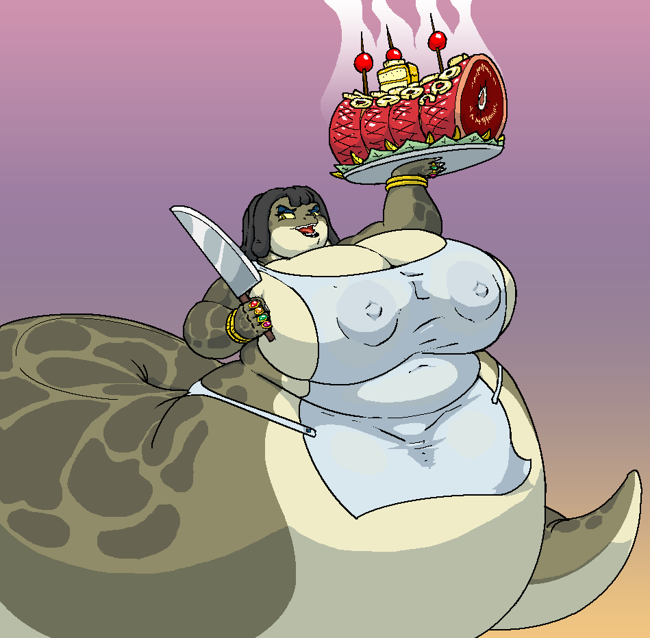 big_breasts breasts chubby female food huge_breasts nadiya nipples open_mouth overweight reptile scalie snake solo tongue vdisco wide_hips