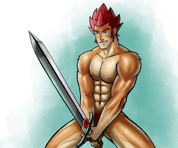 abs anthro biceps blue_eyes brown_fur buff clenched_teeth fangs feline fur gaycandypop grin hair lion-o male mammal muscles nipples nude pecs pose red_hair smile solo standing sword tan_fur teeth thundercats toned weapon