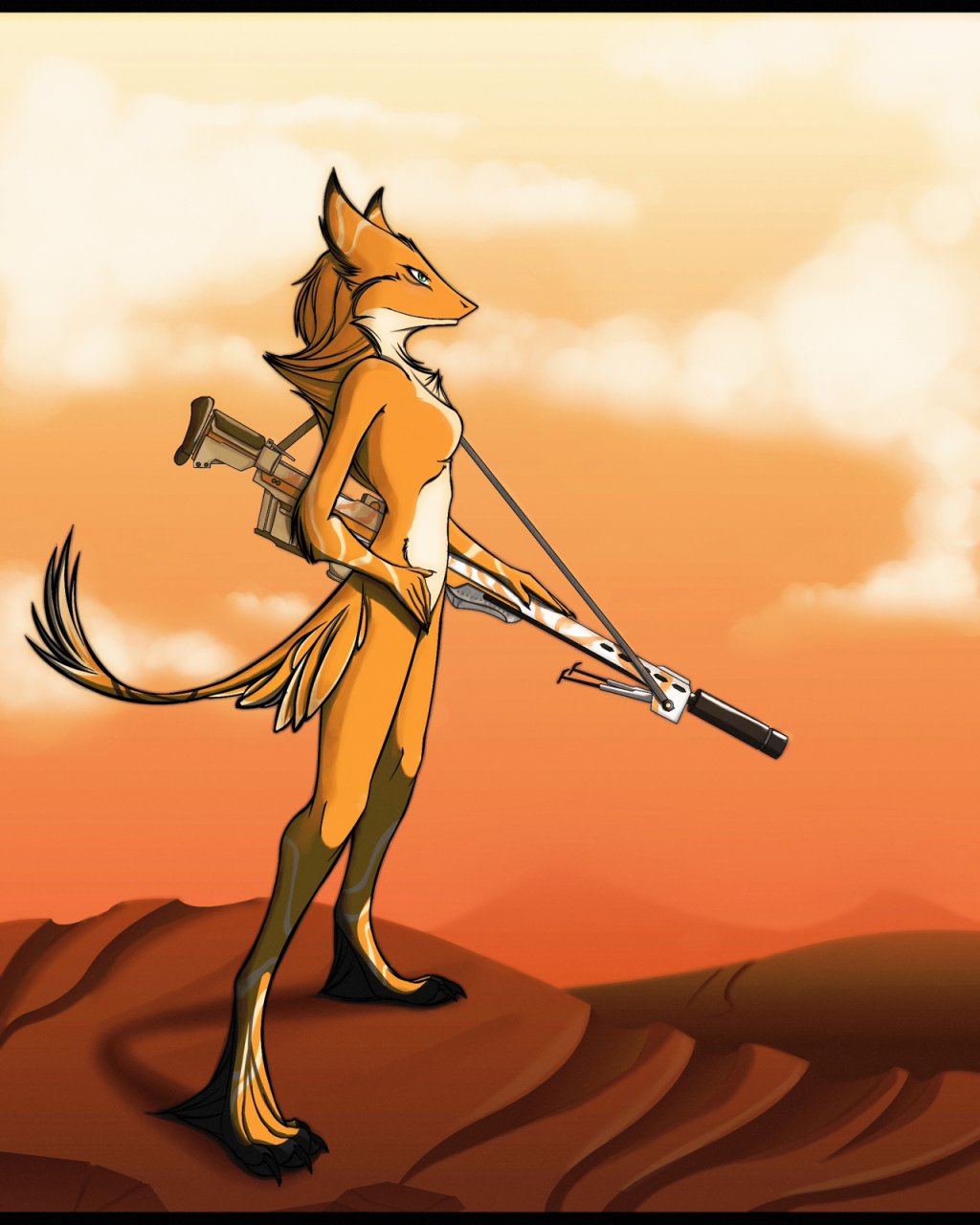 anthro desert female gun nude ranged_weapon rifle sergal solo tridognait warm_colors weapon