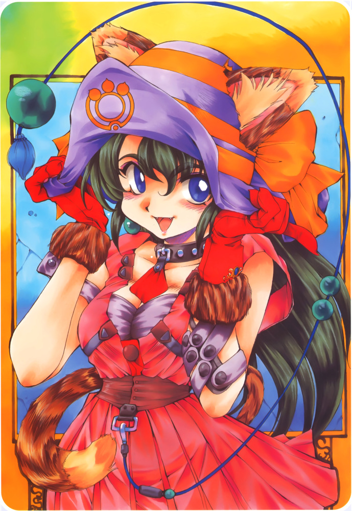 animal_ears black_hair blue_eyes blush bow breasts cat_ears cat_tail cleavage collar dress ears_through_headwear fangs gloves hat hat_bow inoue_sora large_breasts long_hair open_mouth original red_dress red_gloves ribbon solo studded_collar sun_hat tail