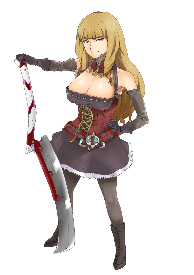 bare_shoulders belt black_legwear boots breasts brown_eyes brown_hair cleavage elbow_gloves full_body gloves jack_hamster large_breasts looking_at_viewer magical_grim original pantyhose simple_background skirt smile solo straight_razor sword weapon white_background