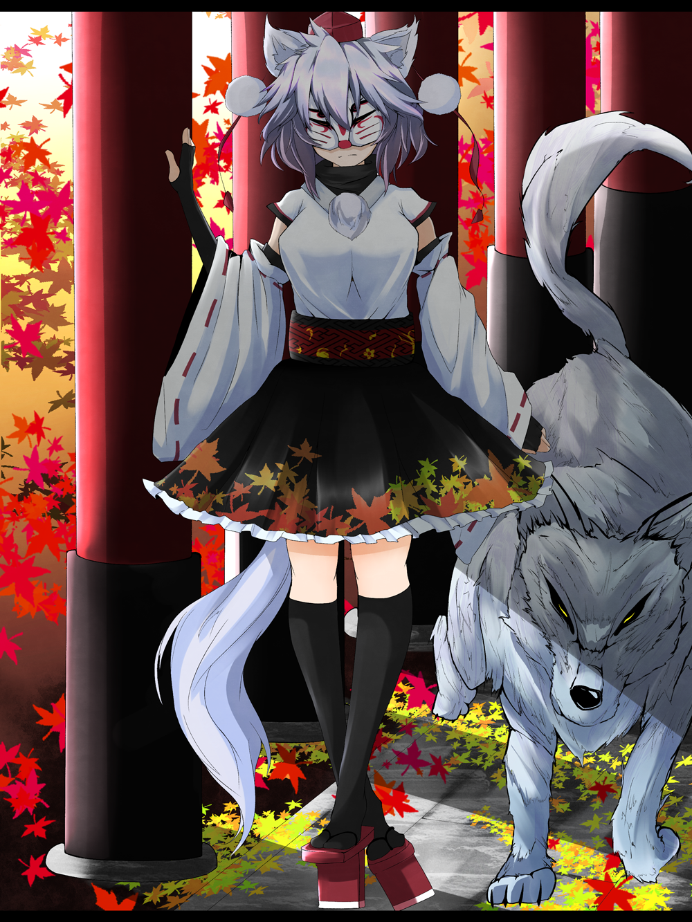 animal_ears bare_shoulders detached_sleeves hat highres inubashiri_momiji leaf mask rihito_(usazukin) short_hair skirt solo tail tokin_hat touhou white_hair wide_sleeves wolf wolf_ears wolf_girl wolf_tail