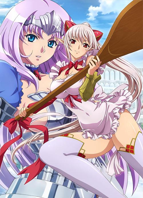 2girls aldora aldra_(queen's_blade) annelotte apron armor blue_eyes breasts large_breasts legwear long_hair multiple_girls official_art pointy_ears queen's_blade queen's_blade_rebellion queen's_blade queen's_blade_rebellion red_eyes smile stockings thighhighs tiara white_hair