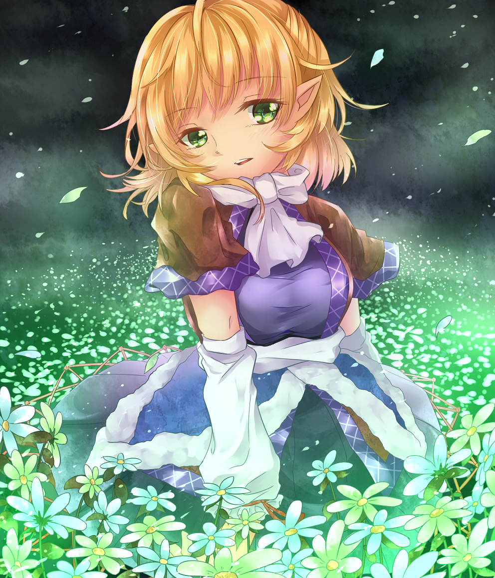 arm_warmers blonde_hair breasts field flower flower_field green_eyes hiro32-the-bbc large_breasts mizuhashi_parsee open_mouth petals pointy_ears scarf short_hair short_sleeves sitting solo touhou