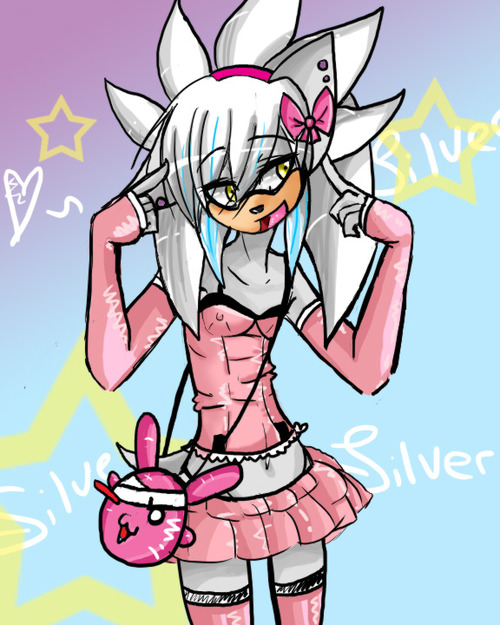 breasts crossgender elbow_gloves female gloves hair navel pink pink_clothing sega silver_hair silver_the_hedgehog skirt small_breasts solo sonic_(series) standing star unknown_artist yellow_eyes