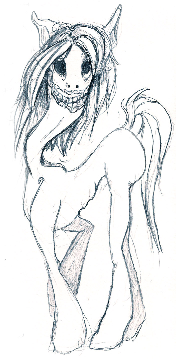 equine female horror horse long_neck looking_at_viewer mammal my_little_pony nightmare_fuel original_character plain_background pony sketch smile solo undead white_background zombie
