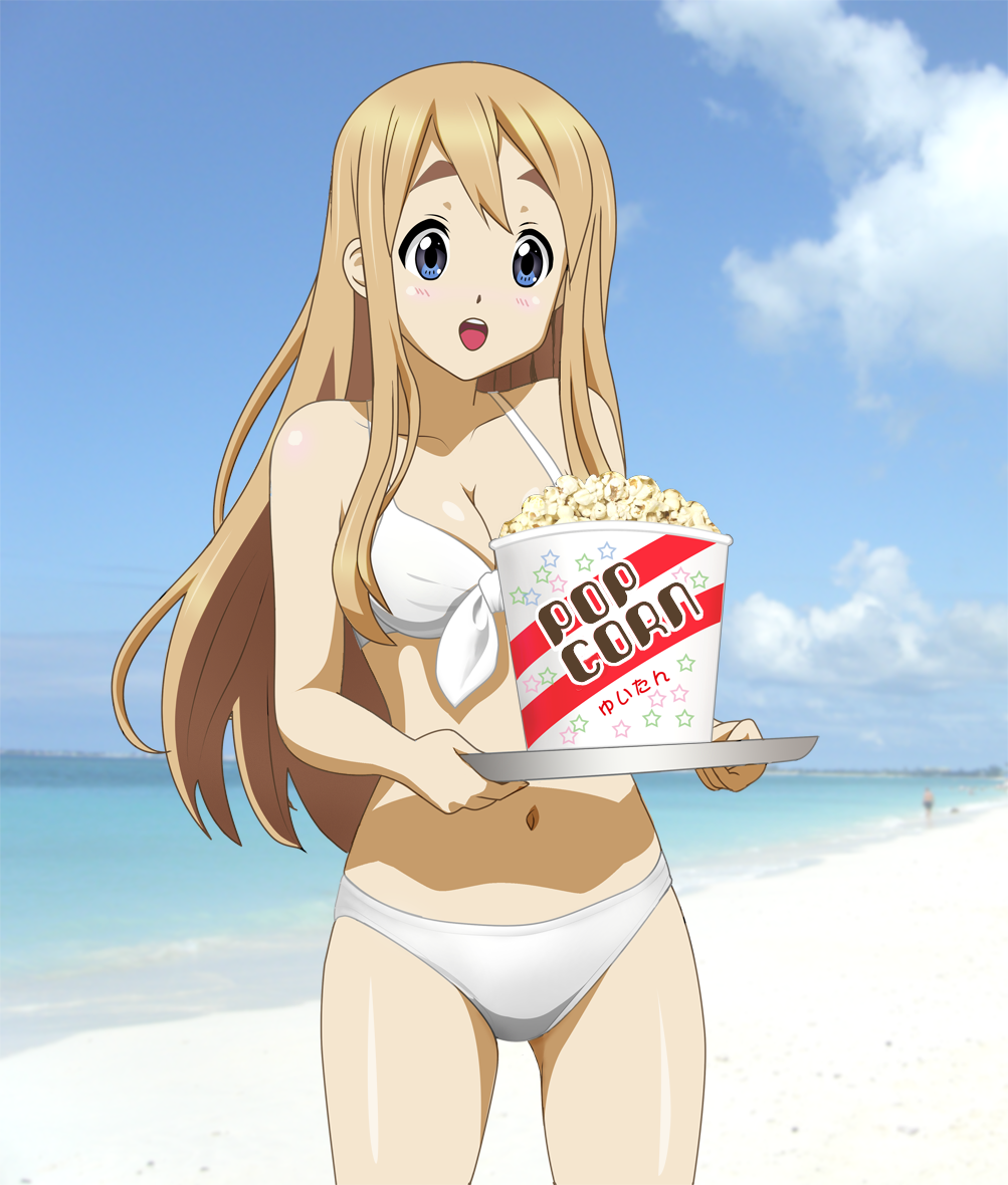 beach bikini blonde_hair blue_eyes food k-on! kotobuki_tsumugi long_hair popcorn solo swimsuit translated tray yuitan