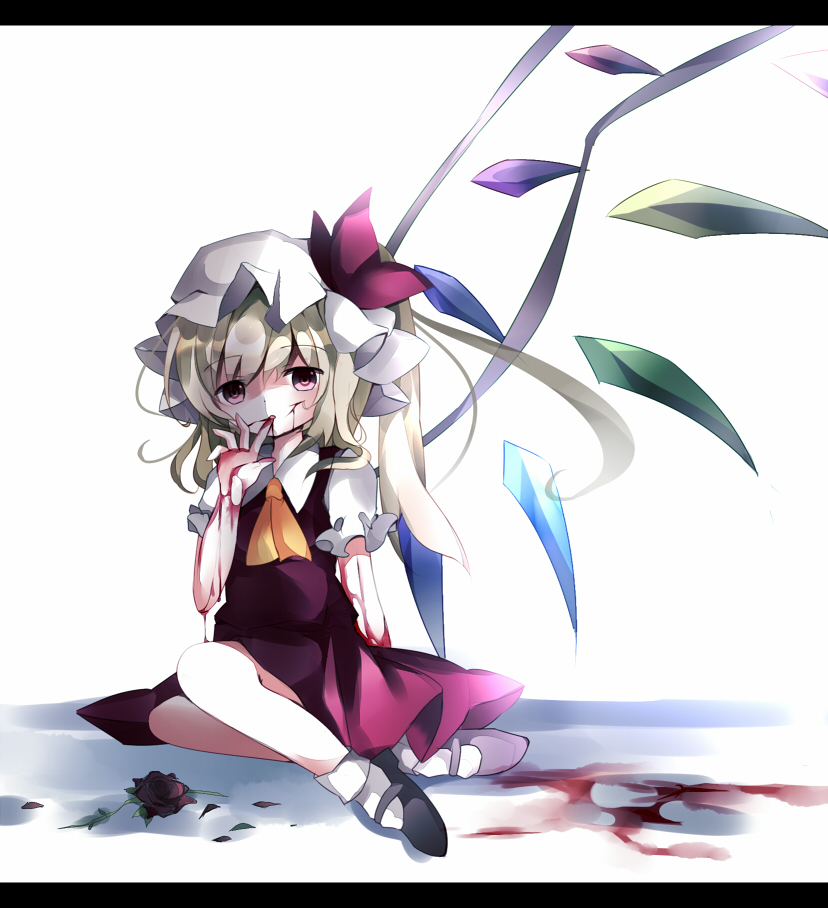 ascot blonde_hair blood finger_to_mouth flandre_scarlet hat hat_ribbon letterboxed nekokyu red_eyes ribbon short_hair side_ponytail sitting skirt solo touhou wings