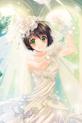 arms_up asmis_hara banned_artist bare_shoulders blush brown_hair collarbone dress flower gloves green_eyes grin lowres open_mouth outstretched_hand reum rose short_hair smile solo standing strapless sword_girls veil wedding_dress