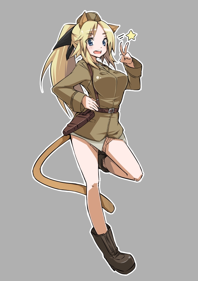 animal_ears bad_id bad_pixiv_id blonde_hair blue_eyes boots full_body grey_background hat katharine_ohare long_hair military military_uniform open_mouth ponytail shokuen_shiwe simple_background solo star tail uniform world_witches_series