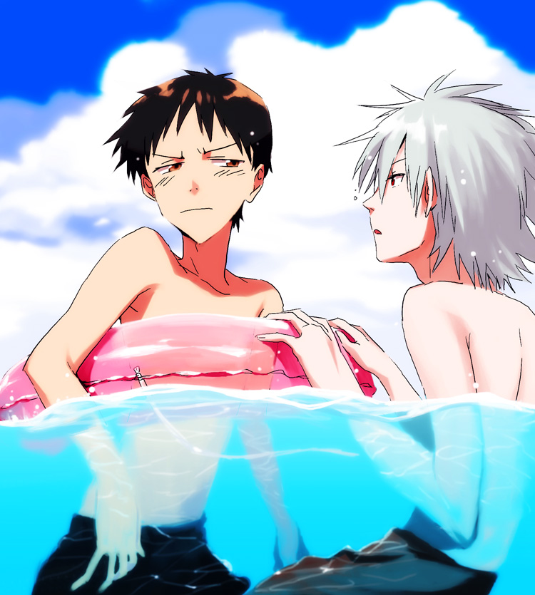 brown_hair grey_hair hosaka_dx ikari_shinji innertube male_focus male_swimwear multiple_boys nagisa_kaworu neon_genesis_evangelion shirtless swim_trunks swimwear water