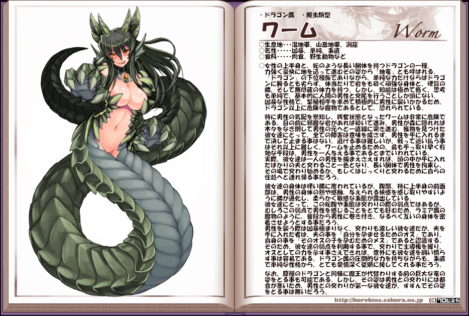 black_hair breasts character_profile claws cleavage dragon dragon_girl fins green_hair horns kenkou_cross lamia large_breasts lizard_tail long_hair looking_at_viewer monster_girl monster_girl_encyclopedia navel nude official_art scales solo tail translation_request wurm_(monster_girl_encyclopedia) wyrm