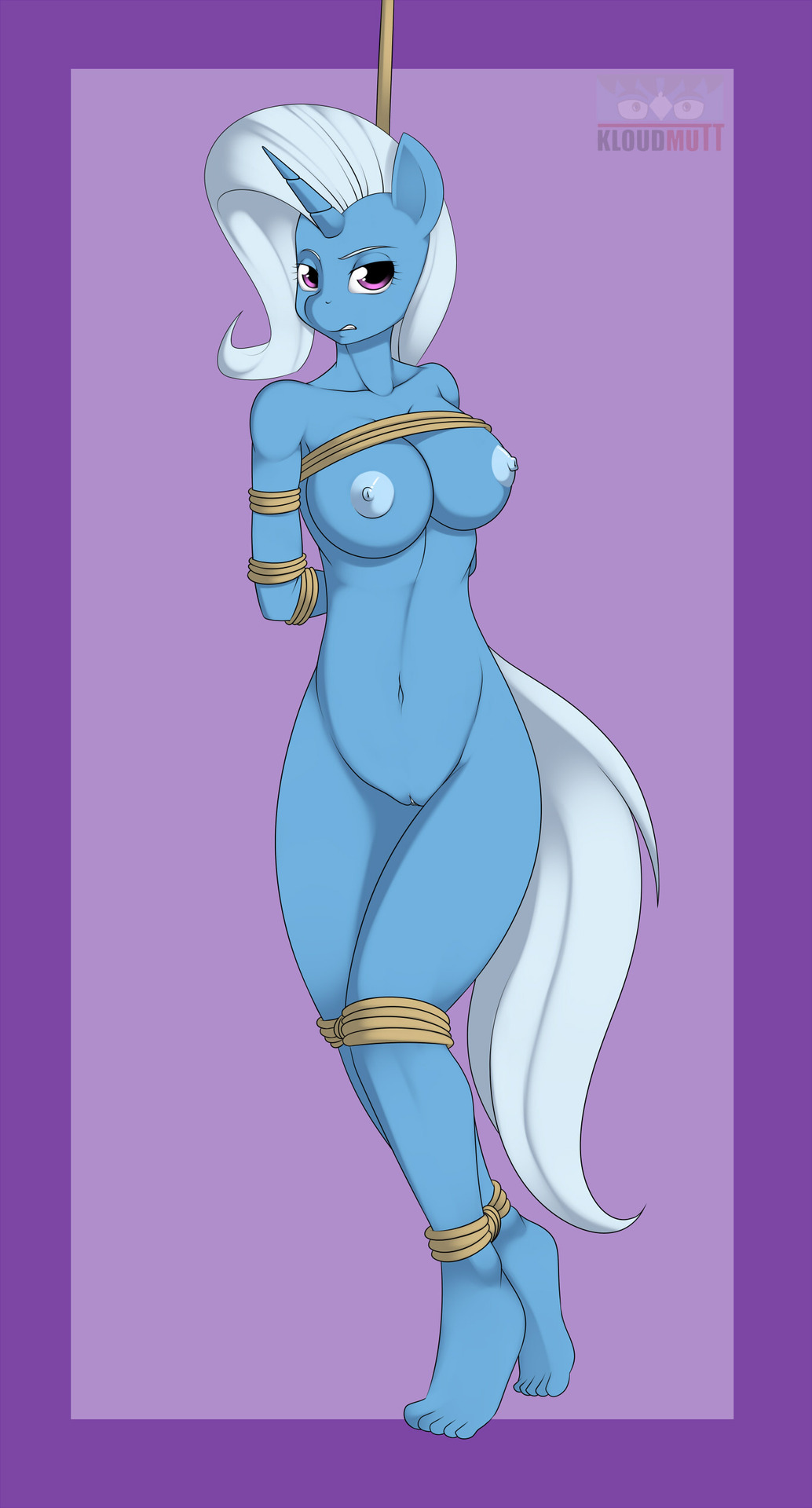 anthrofied areola bdsm blue_fur bound breasts clitoris equine female friendship_is_magic fur hair horn horse kloudmutt looking_at_viewer mammal my_little_pony navel nipples pony purple_eyes pussy rope solo trixie_(mlp) unicorn white_hair