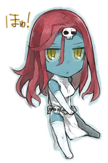 1girl bare_shoulders belt blue_skin boots breasts chibi elbow_gloves gloves green_eyes long_hair marvel mystique open_mouth red_hair skull thigh_boots thighhighs x-men