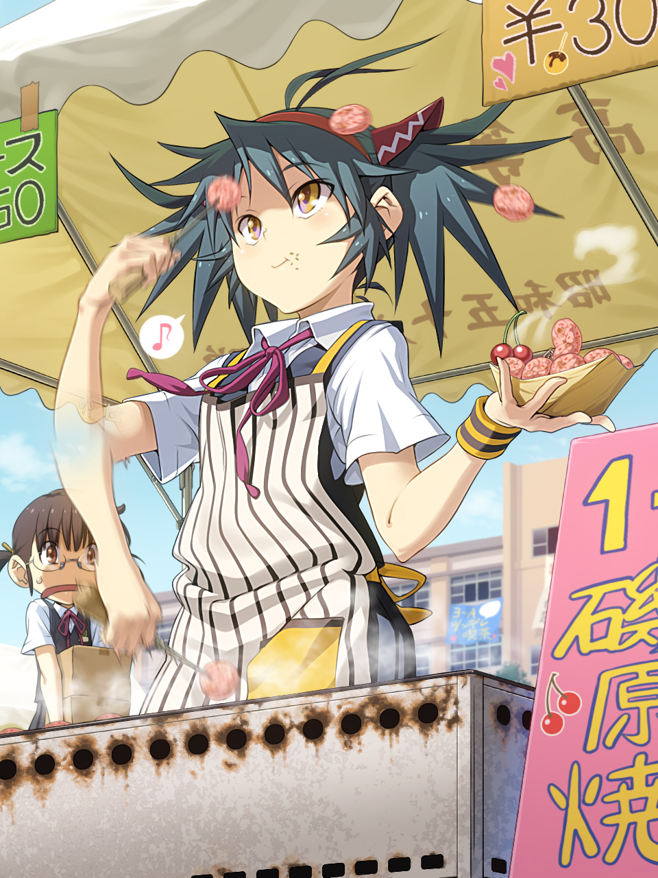 :t afterimage antenna_hair apron brown_eyes brown_hair cherry eighth_note food food_on_face food_stand fruit glasses green_hair highres holding multiple_girls musical_note original pairan smile speech_bubble spoken_musical_note striped sweatdrop twintails vertical_stripes yatai yellow_eyes