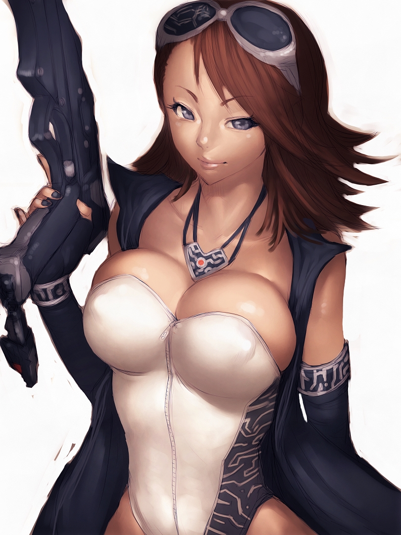 bare_shoulders blue_eyes breasts brown_hair cleavage dark_skin elbow_gloves escape_(go-busters) fumio_(rsqkr) gloves goggles goggles_on_head gun jewelry large_breasts leotard lips long_hair nail_polish necklace smile solo tokumei_sentai_go-busters trigger_discipline weapon zipper