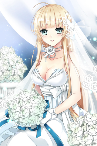 ahoge bangs bare_shoulders blonde_hair blunt_bangs blush bouquet bow breasts cleavage collarbone dress flower gloves green_eyes grin helena_k_sink holding jewelry large_breasts long_hair lowres mca_(dessert_candy) necklace open_mouth ribbon rose sitting smile solo strapless sword_girls veil very_long_hair wedding_dress