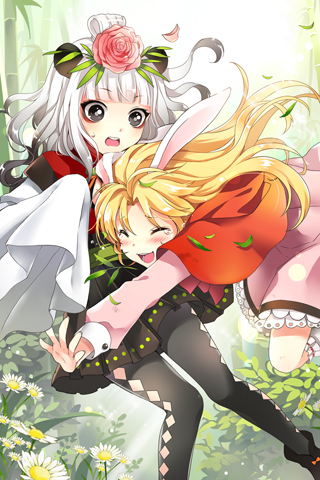animal_ears bamboo bangs black_hair black_legwear blonde_hair blunt_bangs blush bunny_ears cannelle closed_eyes crying daisy flower frills glomp grin hug jumping long_hair long_sleeves lowres mca_(dessert_candy) multiple_girls official_art open_mouth outstretched_hand panda_ears pantyhose parted_bangs penika pleated_skirt rose shawl skirt sleeves_past_wrists smile socks surprised sword_girls tears wavy_hair white_hair white_legwear wide_sleeves