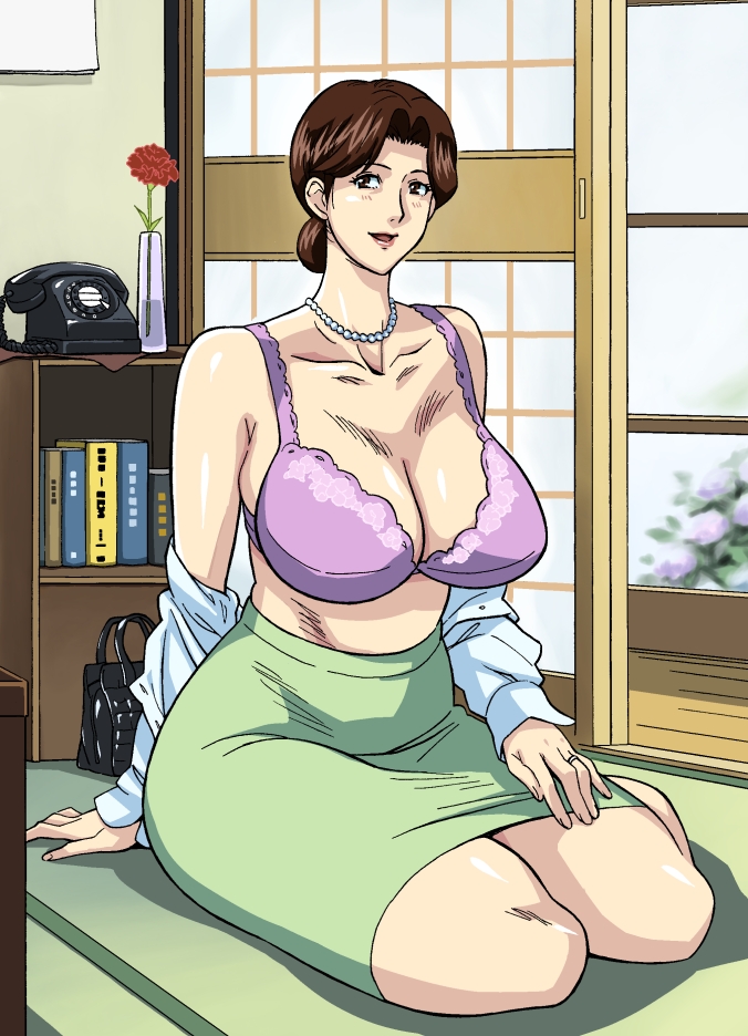 bare_shoulders blush book bra breasts brown_eyes brown_hair cirima cleavage curvy female flower hair_bun hands hikaru_no_go hips jewelry large_breasts legs lingerie lips lipstick makeup milf mother necklace open_clothes open_mouth open_shirt phone red_rose ring rose shindou_mitsuko shirt shueisha sitting skirt smile solo thick_thighs thighs underwear vase volvox wedding_ring wife