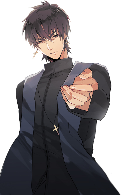 brown_eyes brown_hair cross cross_necklace fate/zero fate_(series) jewelry kotomine_kirei looking_at_viewer male_focus necklace outstretched_hand solo stole zaqloxxx