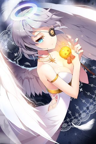 alternate_costume angel angel_wings bare_shoulders blue_eyes breasts cleavage collarbone dress expressionless eyepatch feathers gilse halo holding iri_flina jack-o'-lantern jewelry lowres medium_breasts nail_polish necklace short_hair silver_hair skull solo strapless sword_girls wings