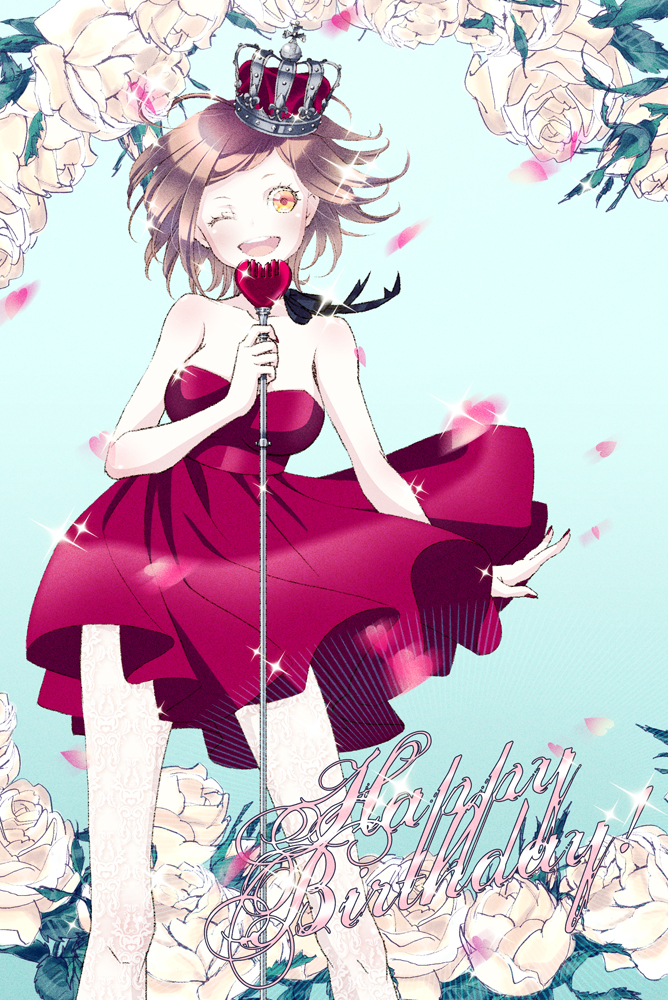 ;d bad_id bad_pixiv_id bare_shoulders brown_eyes brown_hair dress flower happy_birthday heart looking_at_viewer meiko microphone microphone_stand one_eye_closed open_mouth red_dress short_hair smile solo sparkle u_lon vocaloid